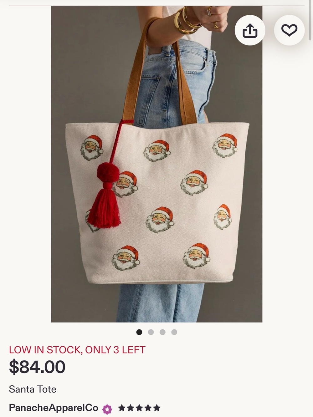 Cream Santa Print Tote Bag with Red Tassel